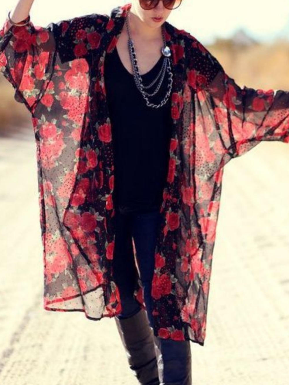 Cardigan Long Open Front Siren Lily Women Size 3X Sheer Floral Color Black New